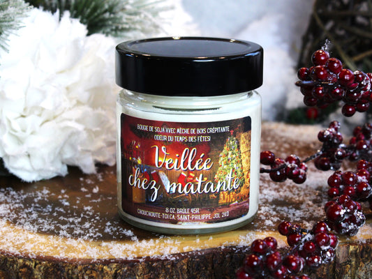 "Veillée chez matante", Bougie de soja avec mèche de bois crépitante.