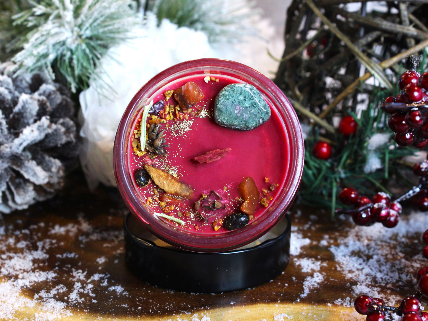 Yule, bougie de soja avec mèche de bois crépitante