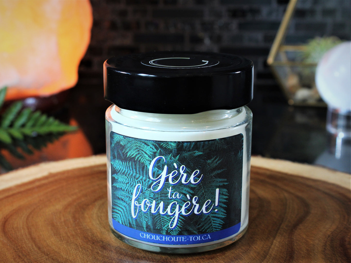 "Gère ta fougère!" Bougie de soja avec mèche de bois crépitante.