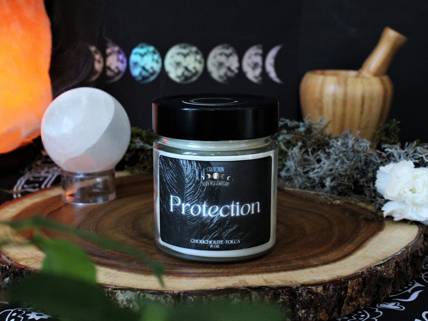 Protection, bougie de soja avec mèche de bois crépitante pour rituels