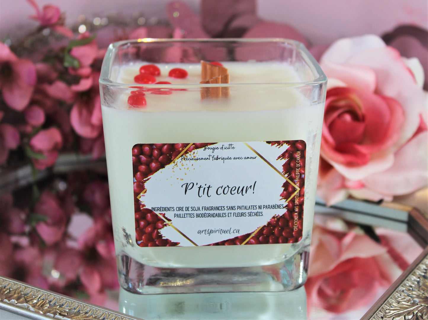 "P'tit coeur" Bougie de soja avec mèche de bois crépitante à la cannelle