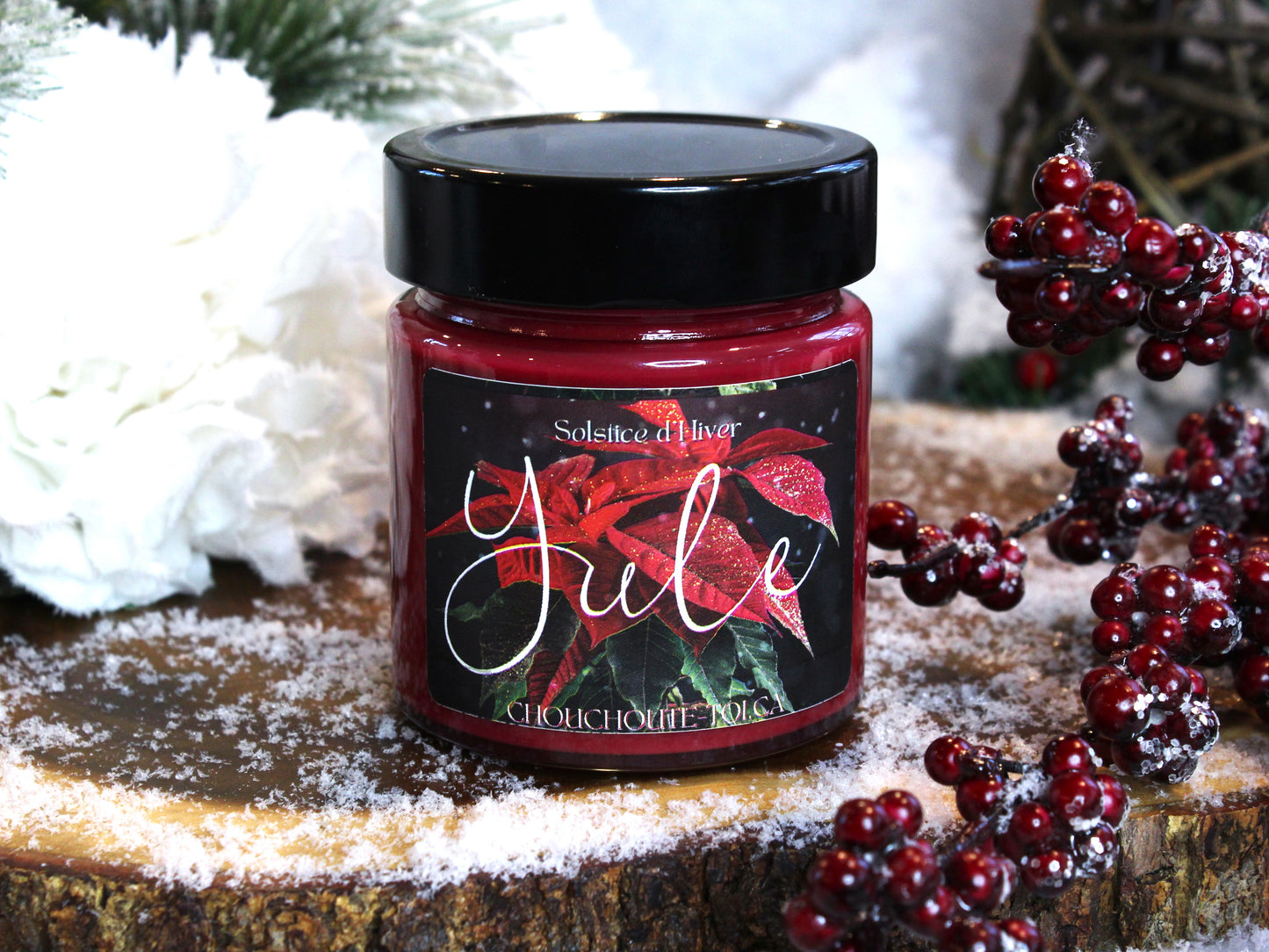 Yule, bougie de soja avec mèche de bois crépitante